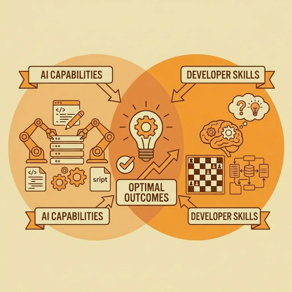 Two overlapping circles showing AI capabilities intersecting with developer skills for optimal outcomes